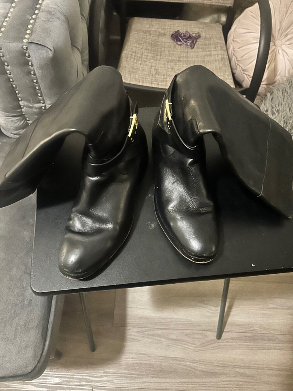 Michael Kors Black Leather Riding Boots Gold Logo Buckle - Size 11